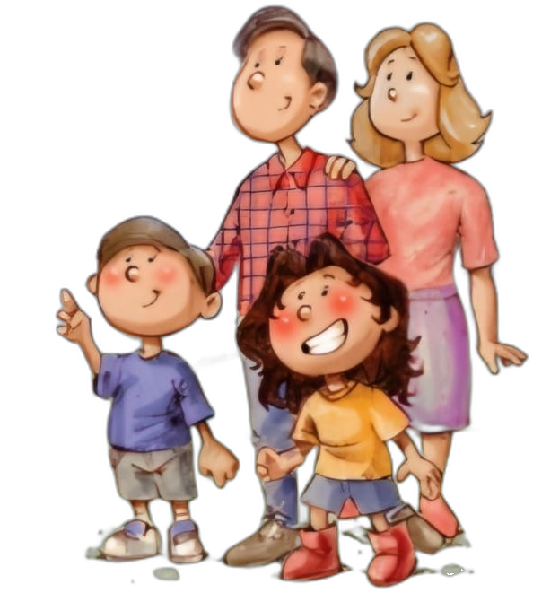 As crianças e a família do livro, ilustradas por Chico Silvério