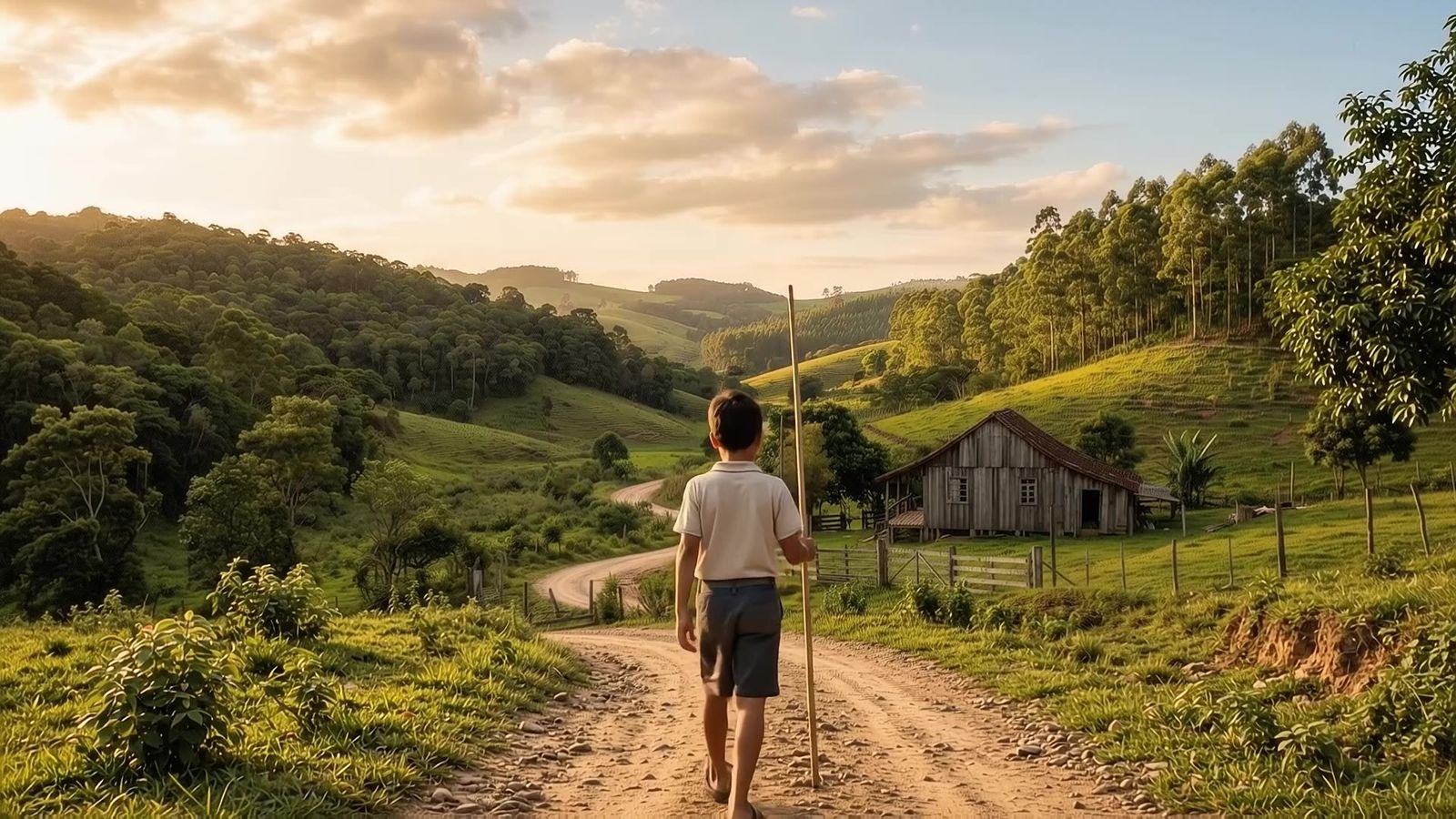 Um menino caminha por uma estrada de terra entre morros verdes até uma casa de madeira
